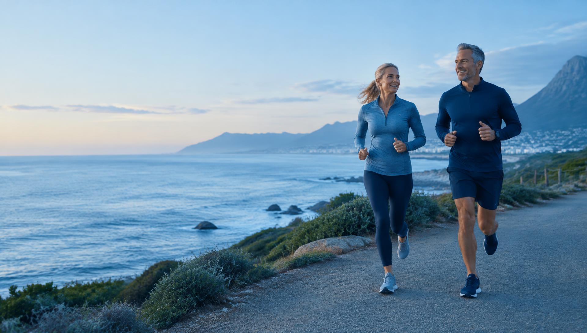 Active couple in their fifties running along the coast